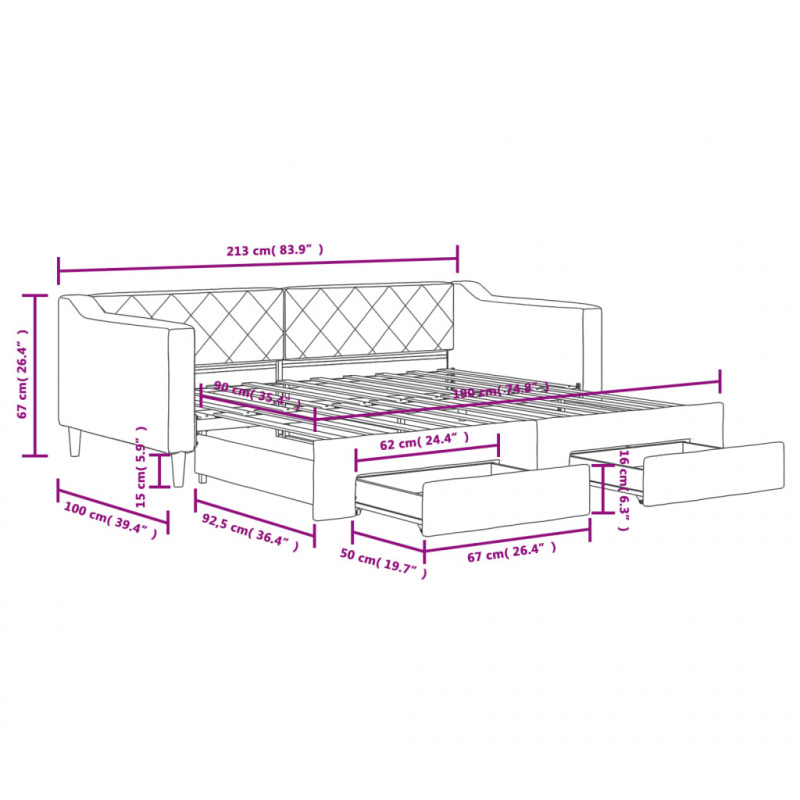 Sofa rozsuwana z szufladami, jasnoszara, 90x190 cm, tkanina