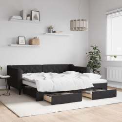 Sofa rozsuwana z szufladami, czarna, 90x190 cm, tkanina
