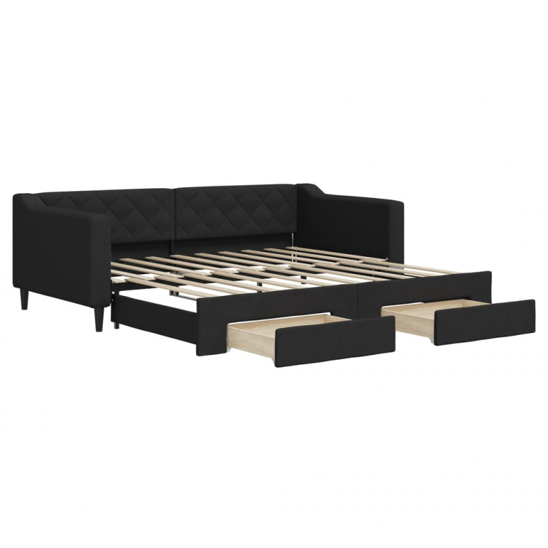 Sofa rozsuwana z szufladami, czarna, 90x190 cm, tkanina