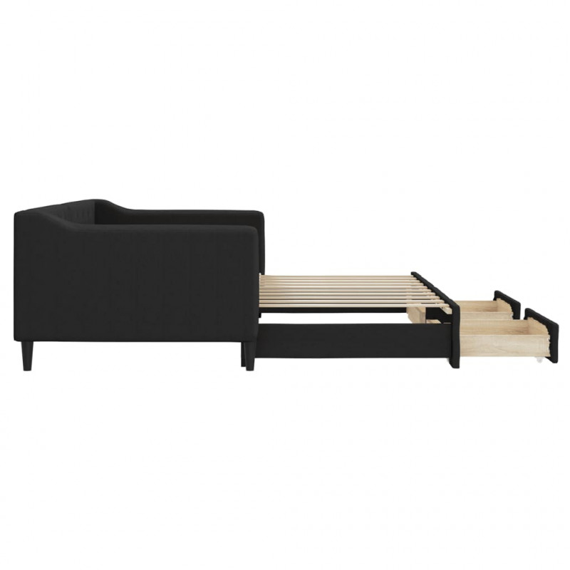 Sofa rozsuwana z szufladami, czarna, 90x190 cm, tkanina