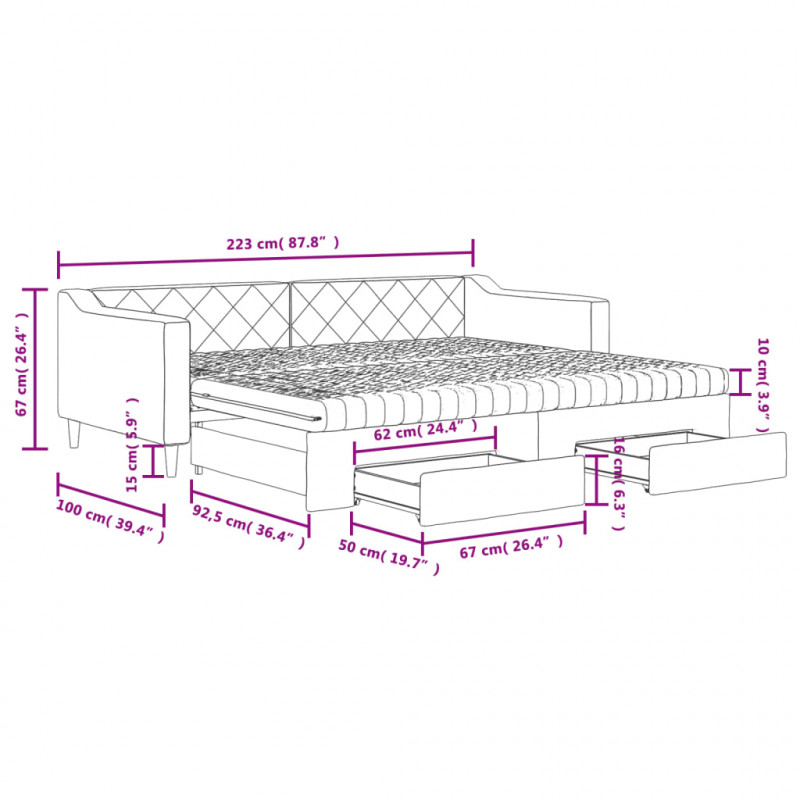Sofa rozsuwana z szufladami, ciemnoszara, 90x200 cm, tkanina