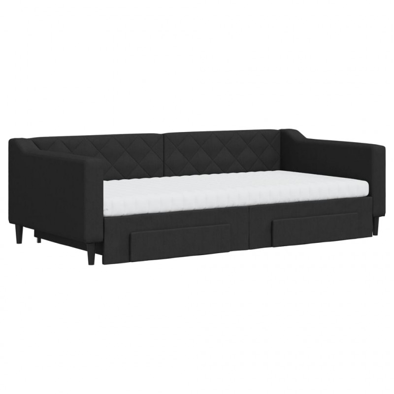 Sofa rozsuwana z szufladami, czarna, 100x200 cm, tkanina