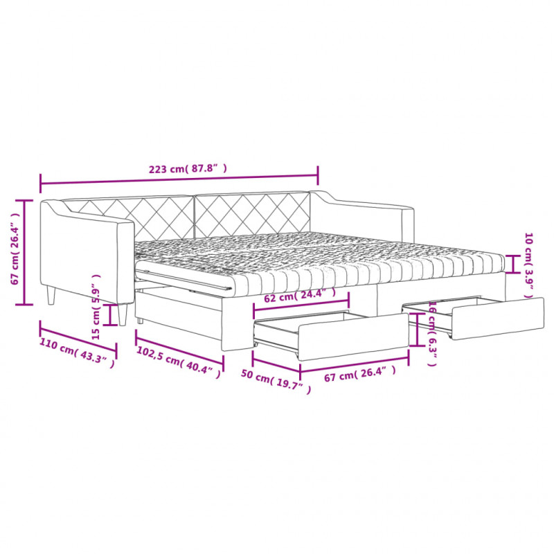 Sofa rozsuwana z szufladami, czarna, 100x200 cm, tkanina