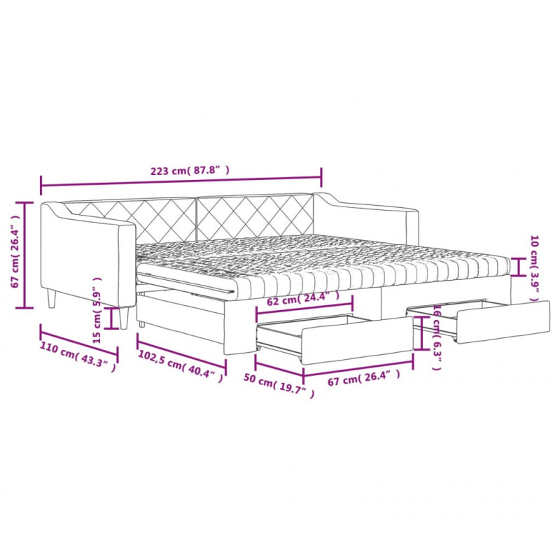 Sofa rozsuwana z szufladami, taupe, 100x200 cm, tkanina