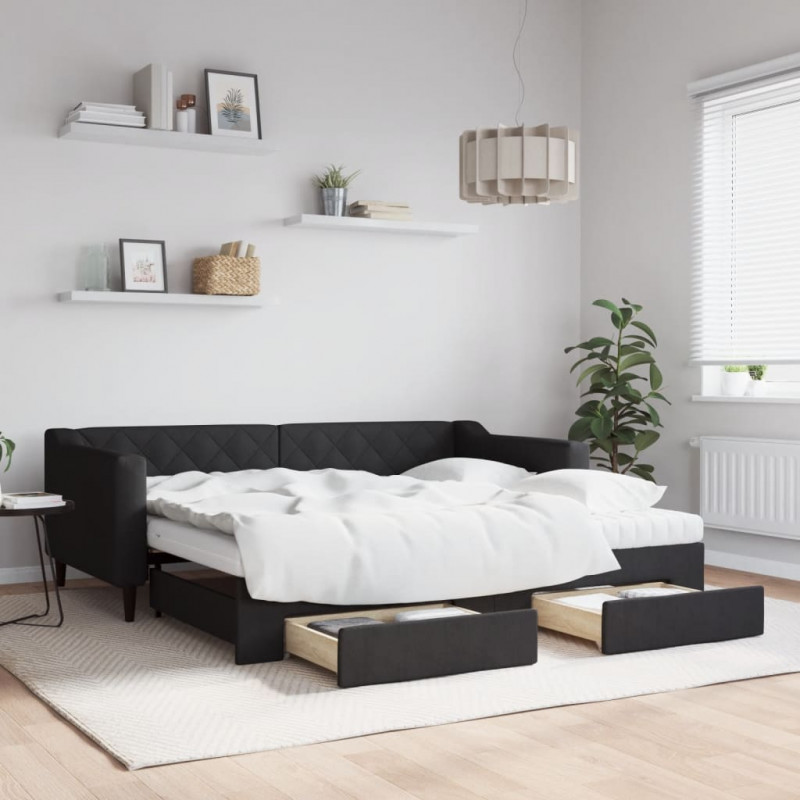 Sofa rozsuwana z szufladami, czarna, 90x190 cm, tkanina
