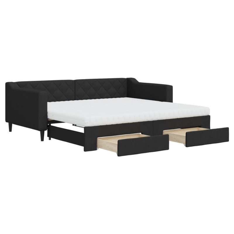 Sofa rozsuwana z szufladami, czarna, 90x190 cm, tkanina