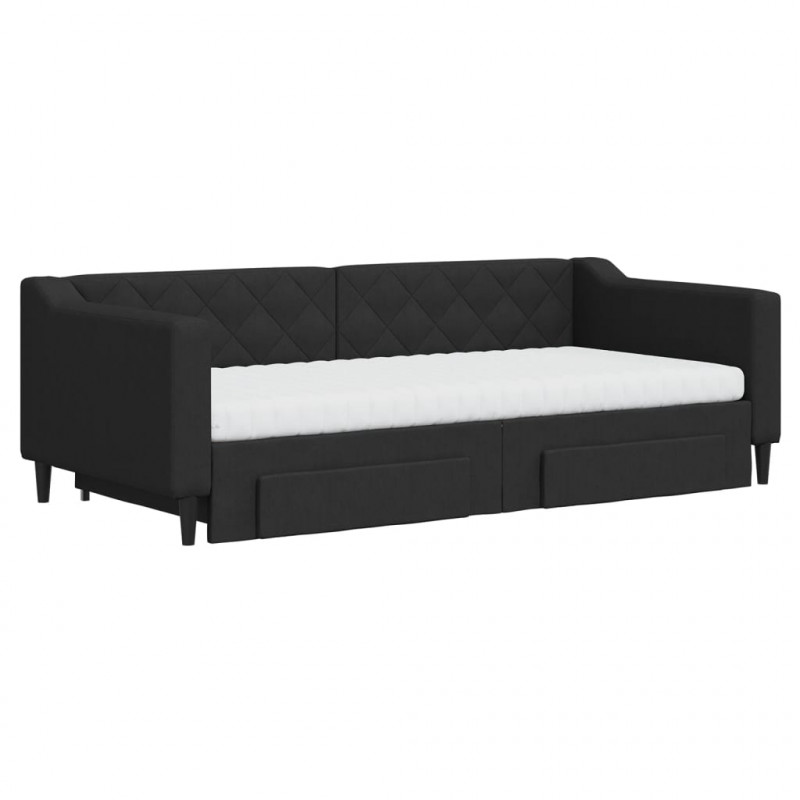 Sofa rozsuwana z szufladami, czarna, 90x190 cm, tkanina