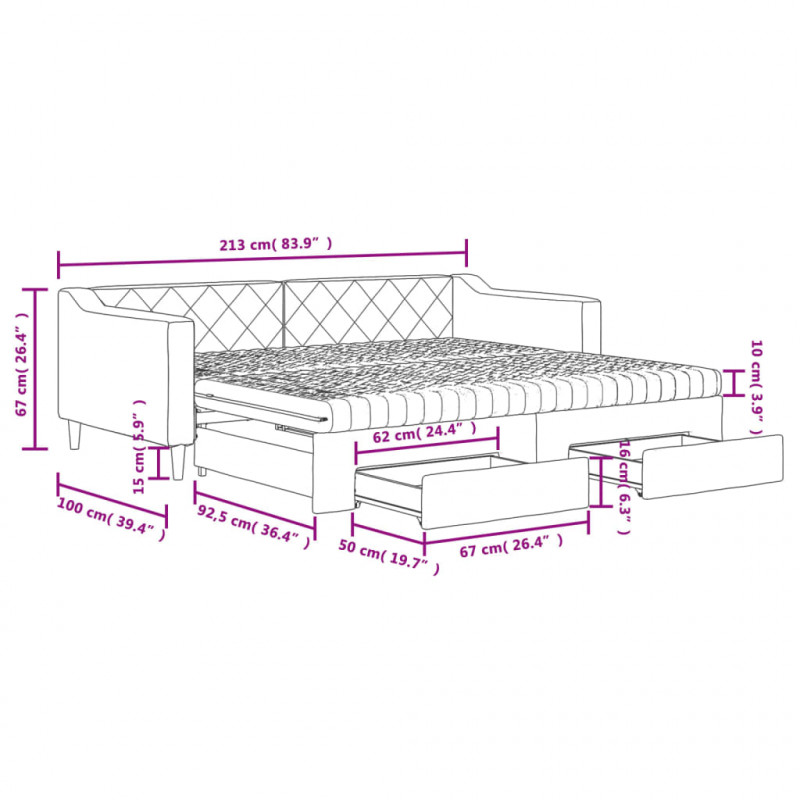 Sofa rozsuwana z szufladami, czarna, 90x190 cm, tkanina