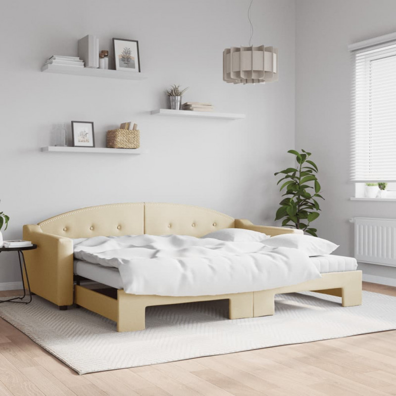 Sofa rozsuwana z materacami, kremowa, 90x200 cm, tkanina