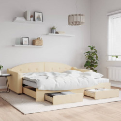 Sofa rozsuwana z szufladami, kremowa, 90x200 cm, tkanina