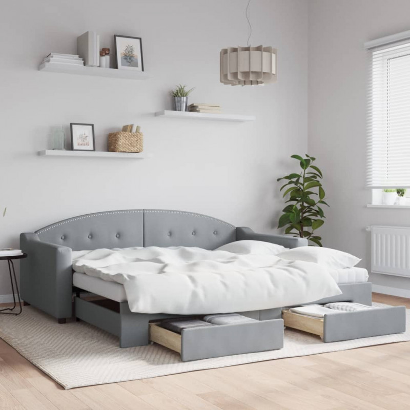 Sofa rozsuwana z szufladami, jasnoszara, 90x190 cm, tkanina