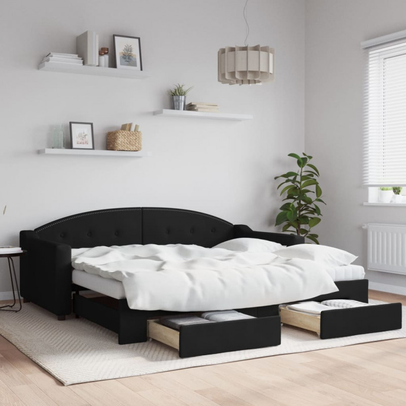 Sofa rozsuwana z szufladami, czarna, 90x190 cm, tkanina