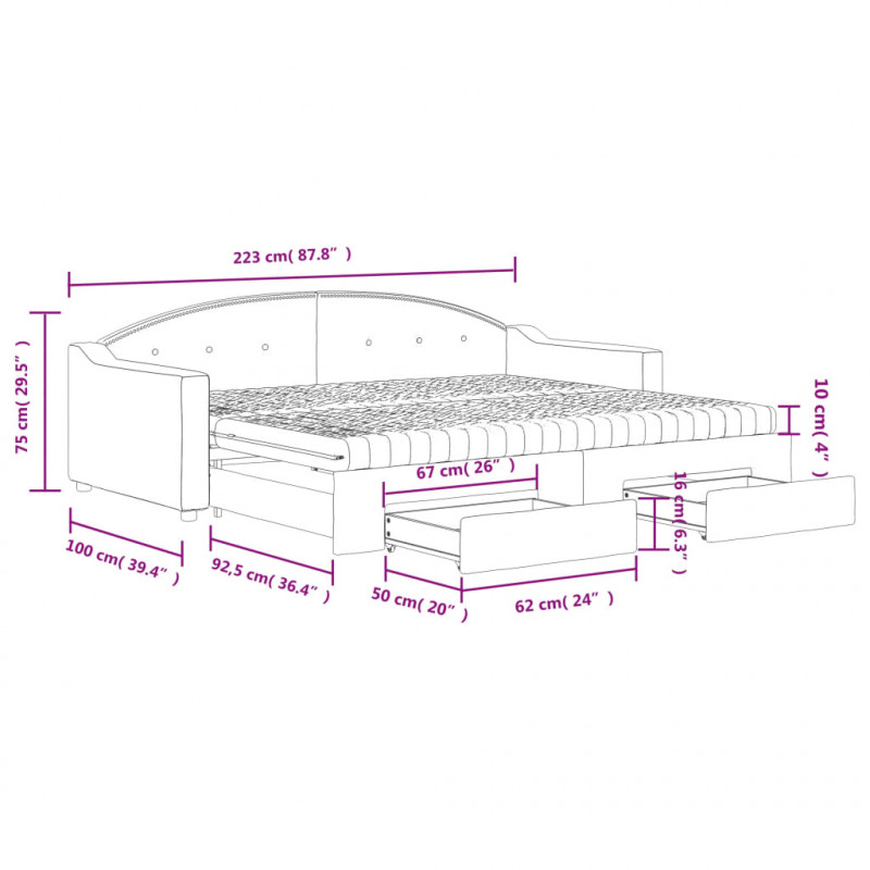 Sofa rozsuwana z szufladami, czarna, 90x200 cm, tkanina