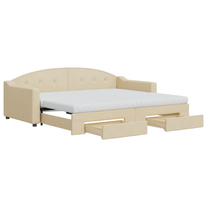 Sofa rozsuwana z szufladami, kremowa, 90x200 cm, tkanina