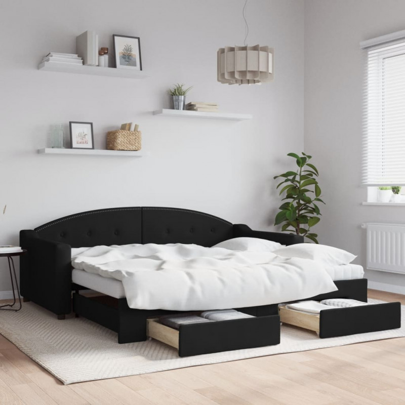 Sofa rozsuwana z szufladami, czarna, 90x190 cm, tkanina
