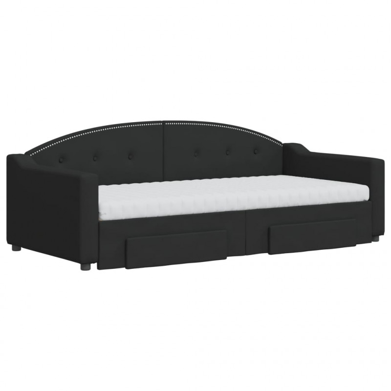 Sofa rozsuwana z szufladami, czarna, 90x190 cm, tkanina