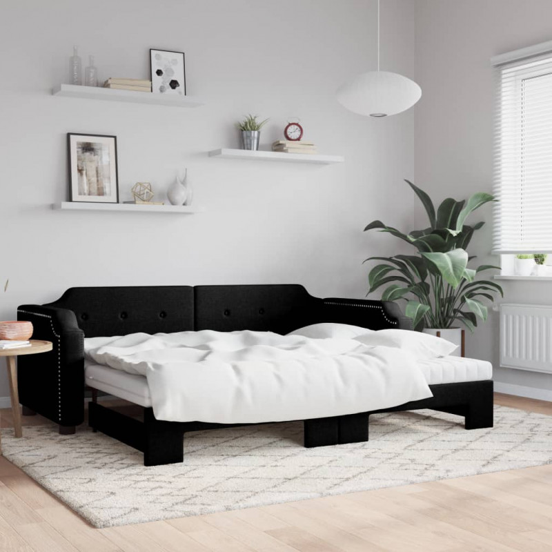 Sofa rozsuwana z materacami, czarna, 90x190 cm, tkanina