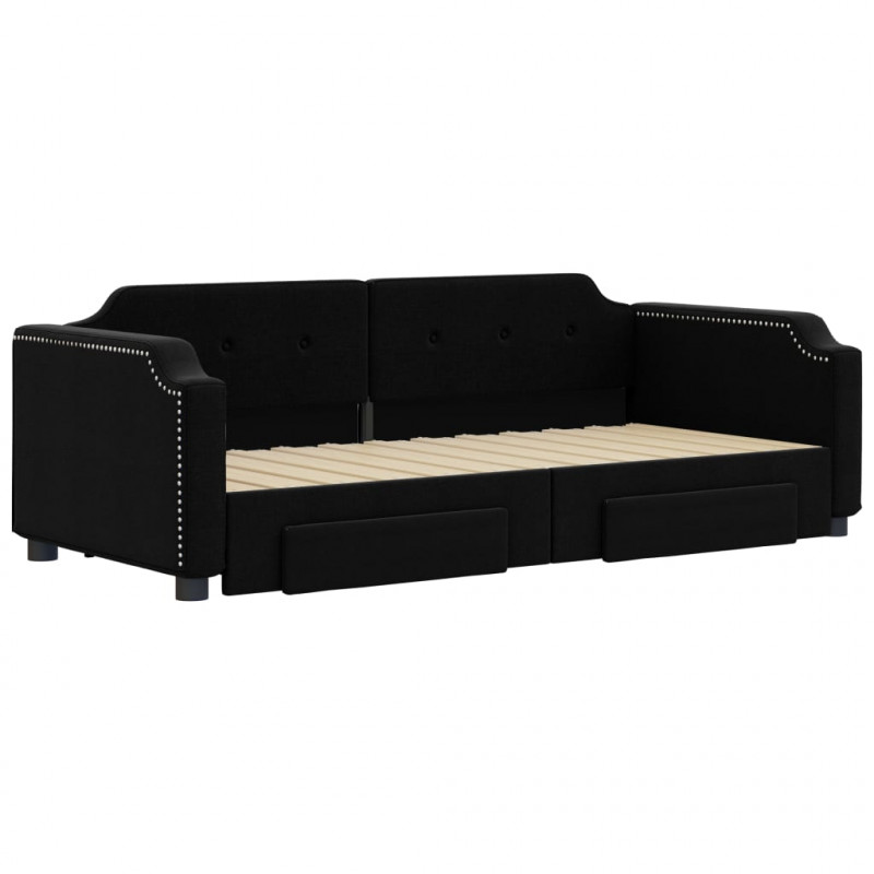 Sofa rozsuwana z szufladami, czarna, 100x200 cm, tkanina