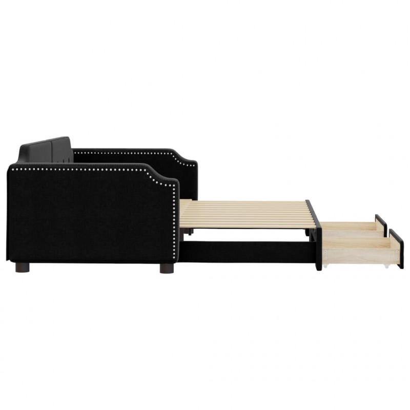 Sofa rozsuwana z szufladami, czarna, 100x200 cm, tkanina