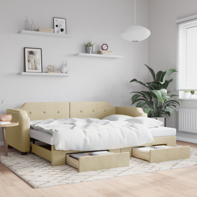 Sofa rozsuwana z szufladami, kremowa, 100x200 cm, tkanina