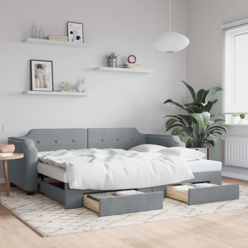 Sofa rozsuwana z szufladami, jasnoszara, 90x190 cm, tkanina