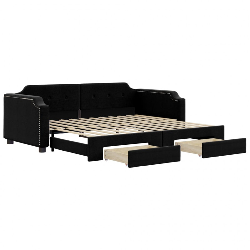 Sofa rozsuwana z szufladami, czarna, 90x190 cm, tkanina