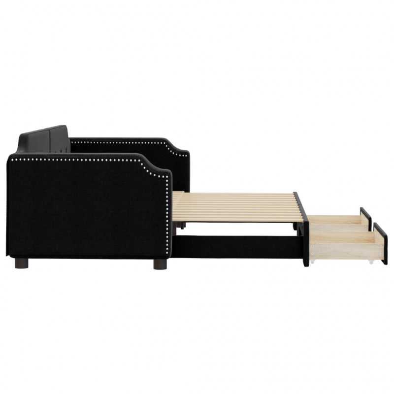 Sofa rozsuwana z szufladami, czarna, 90x190 cm, tkanina