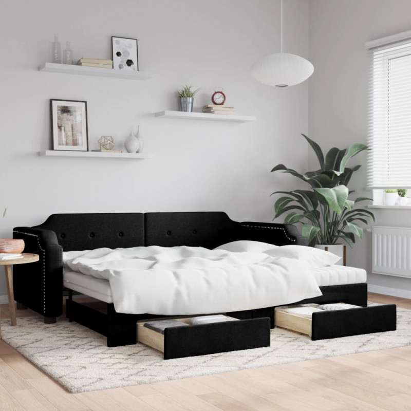 Sofa rozsuwana z szufladami, czarna, 100x200 cm, tkanina
