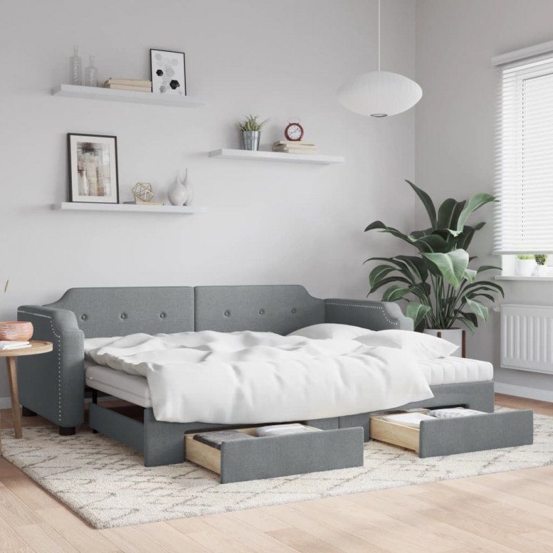 Sofa rozsuwana z szufladami, jasnoszara, 90x190 cm, tkanina