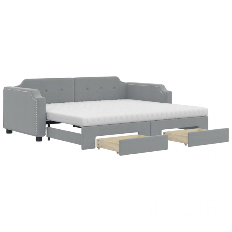 Sofa rozsuwana z szufladami, jasnoszara, 90x190 cm, tkanina
