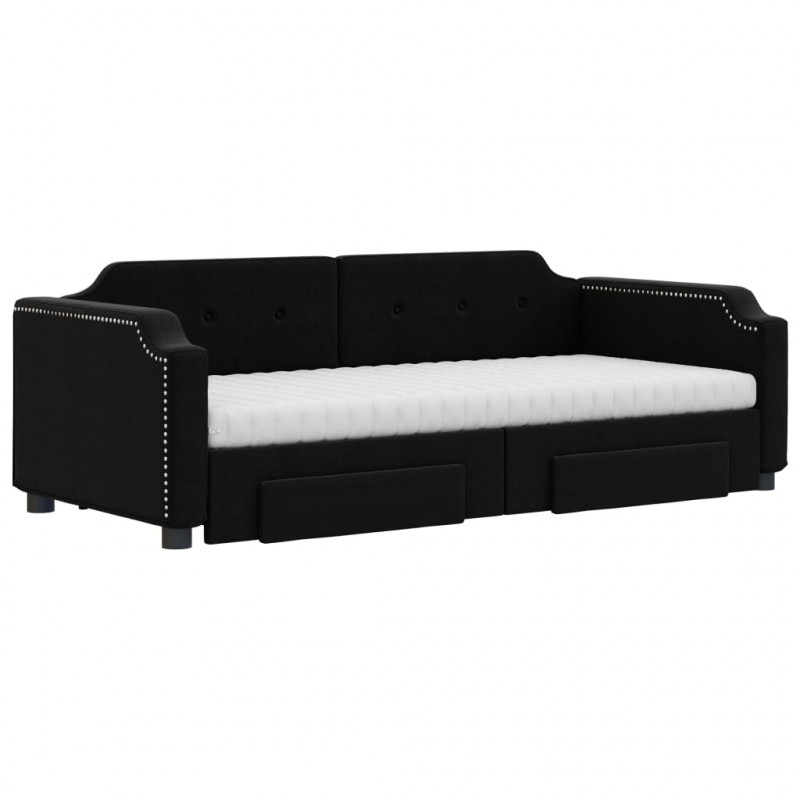 Sofa rozsuwana z szufladami, czarna, 90x190 cm, tkanina