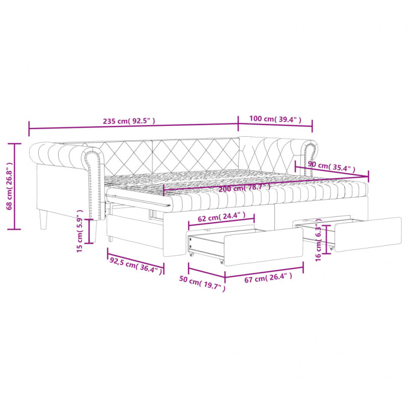 Sofa rozsuwana z szufladami, czarna, 90x200 cm, sztuczna skóra