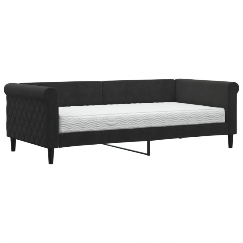 Sofa z materacem do spania, czarna, 90x190 cm, aksamit