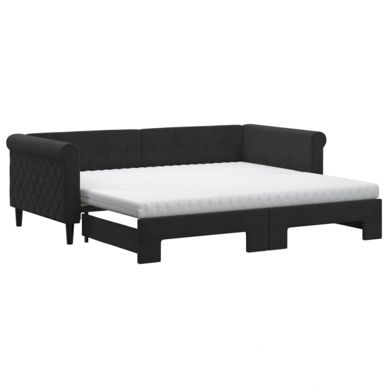 Sofa rozsuwana z materacami, czarna, 90x190 cm, aksamit