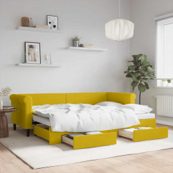 Sofa rozsuwana z szufladami, żółta, 80x200 cm, aksamit