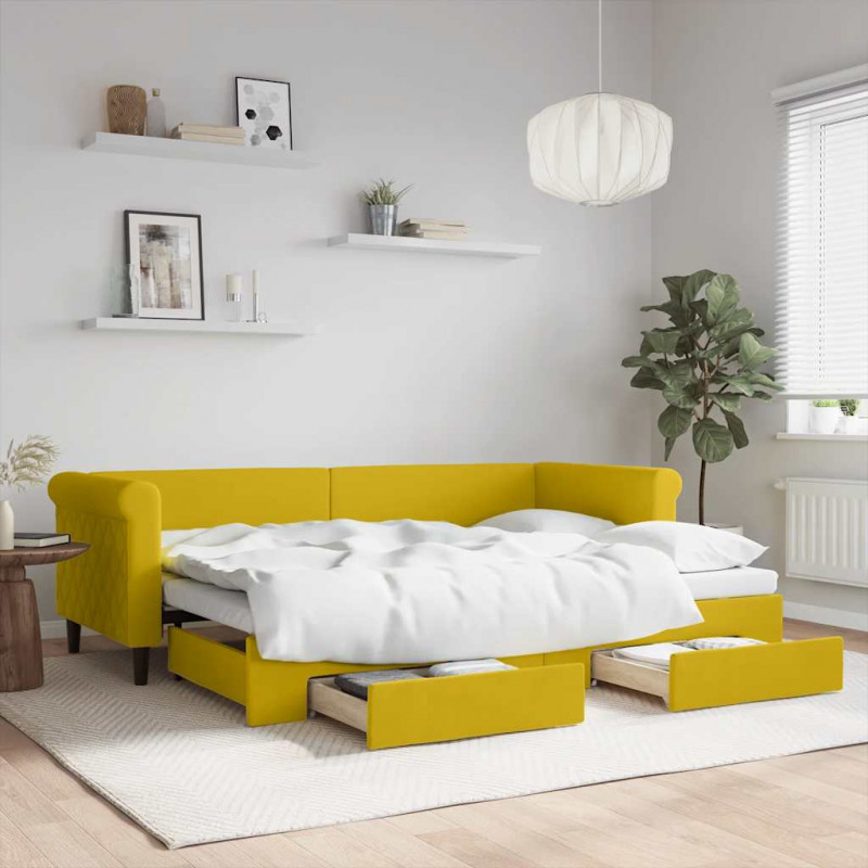 Sofa rozsuwana z szufladami, żółta, 80x200 cm, aksamit