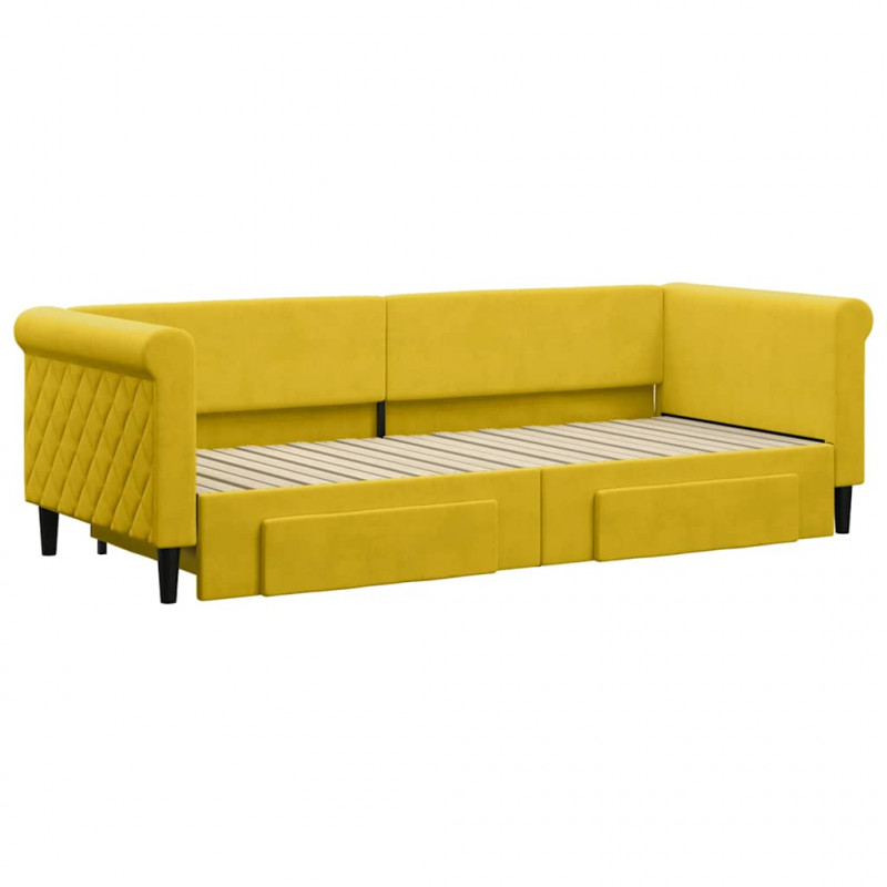 Sofa rozsuwana z szufladami, żółta, 80x200 cm, aksamit