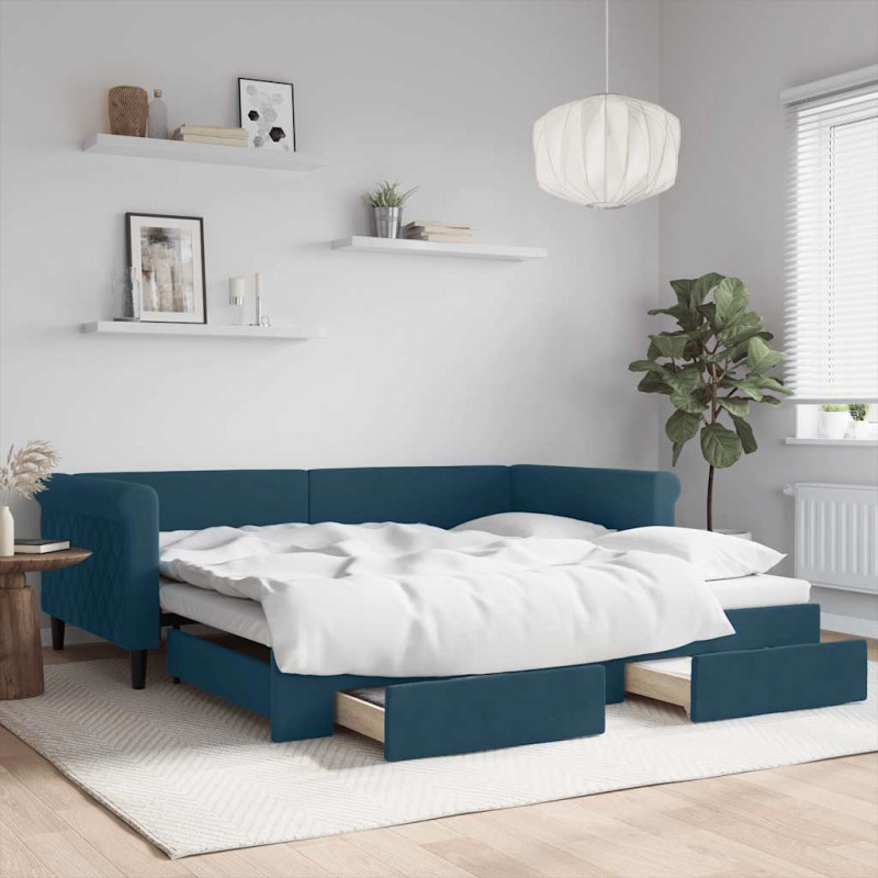 Sofa rozsuwana z szufladami, niebieska, 100x200 cm, aksamit