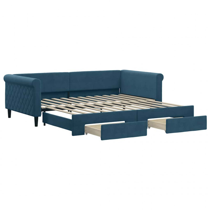 Sofa rozsuwana z szufladami, niebieska, 100x200 cm, aksamit