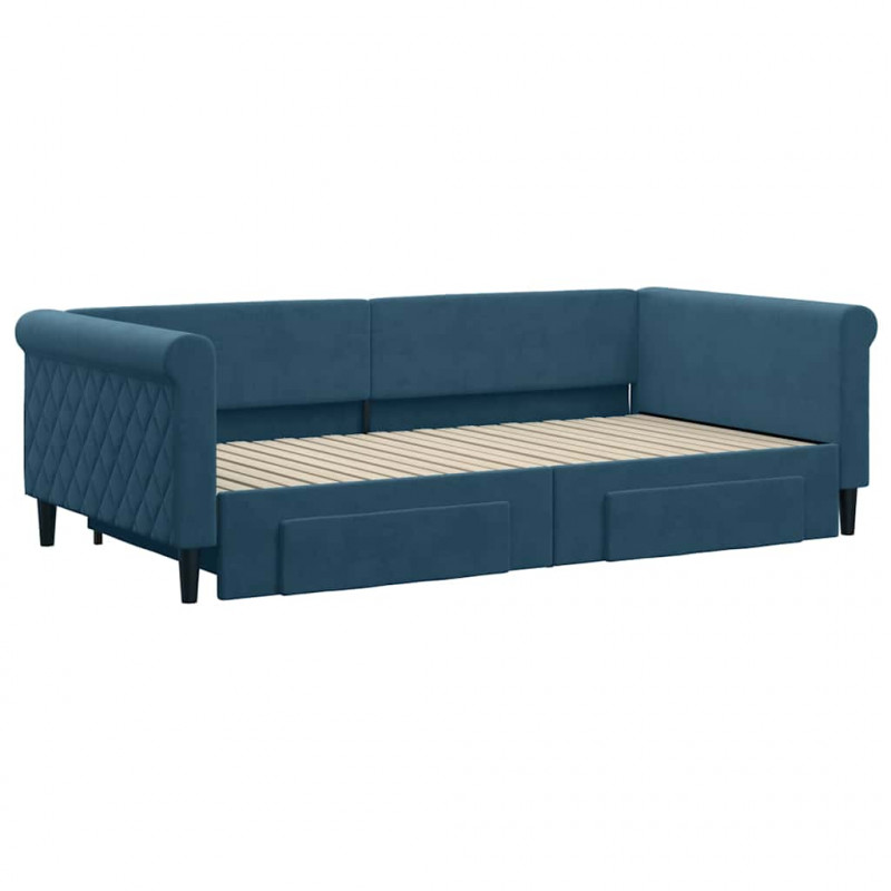 Sofa rozsuwana z szufladami, niebieska, 100x200 cm, aksamit