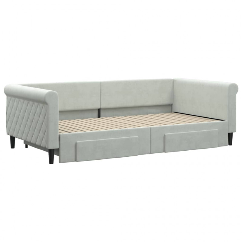 Sofa rozsuwana z szufladami, jasnoszara, 100x200 cm, aksamit