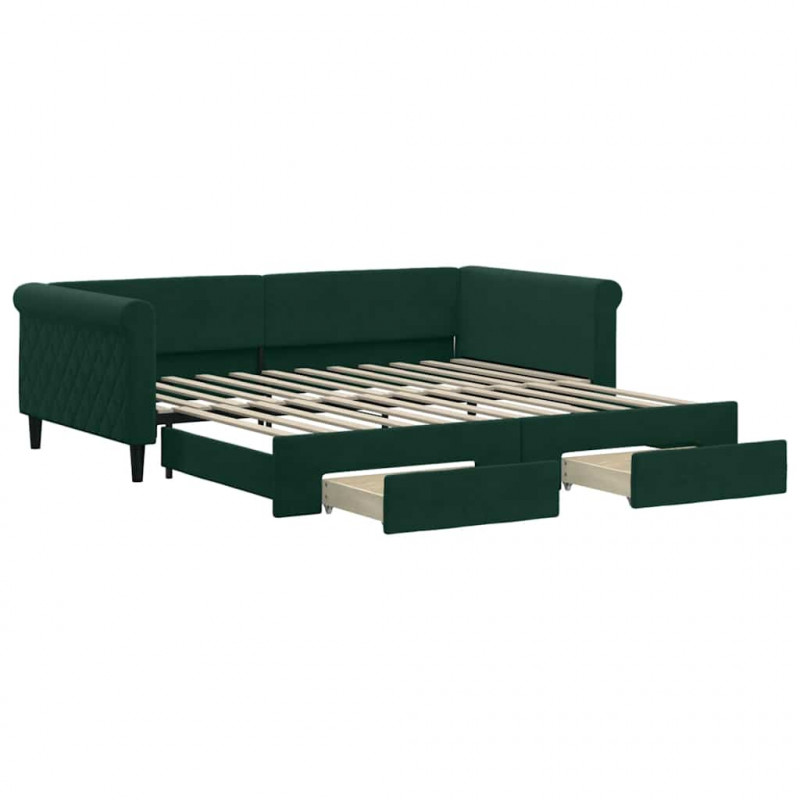 Sofa rozsuwana z szufladami, ciemnozielona, 100x200 cm, aksamit