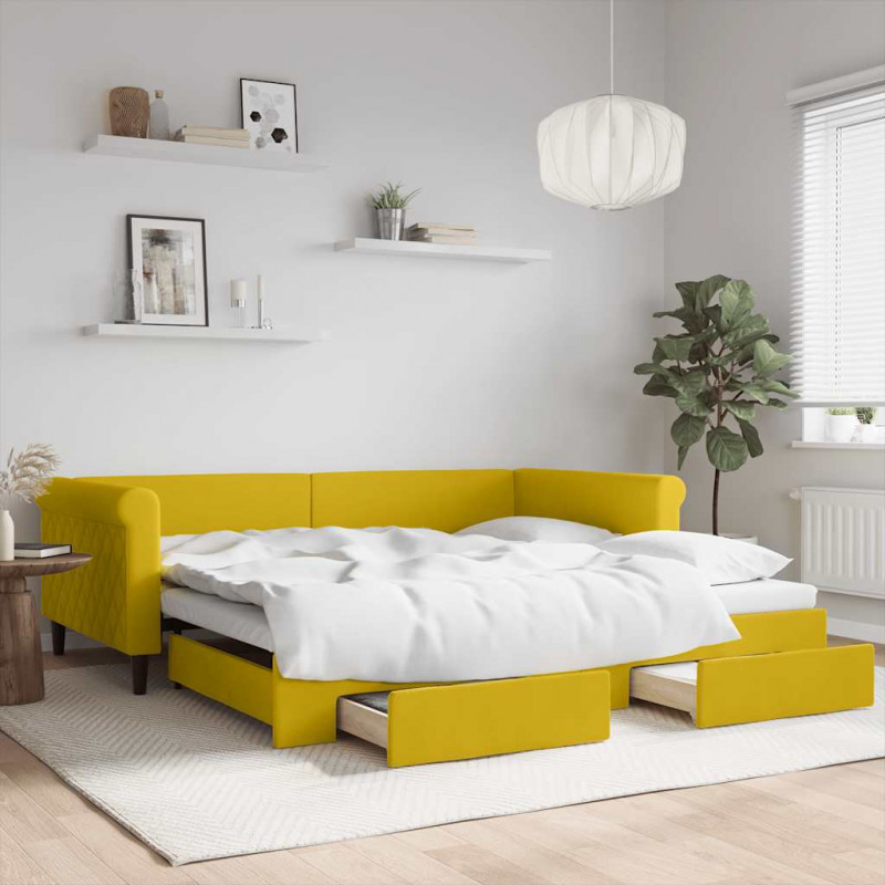 Sofa rozsuwana z szufladami, żółta, 100x200 cm, aksamit