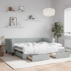 Sofa rozsuwana z szufladami, jasnoszara, 90x190 cm, aksamit