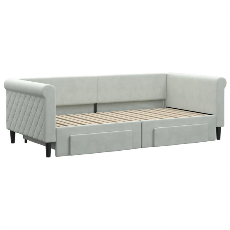 Sofa rozsuwana z szufladami, jasnoszara, 90x190 cm, aksamit