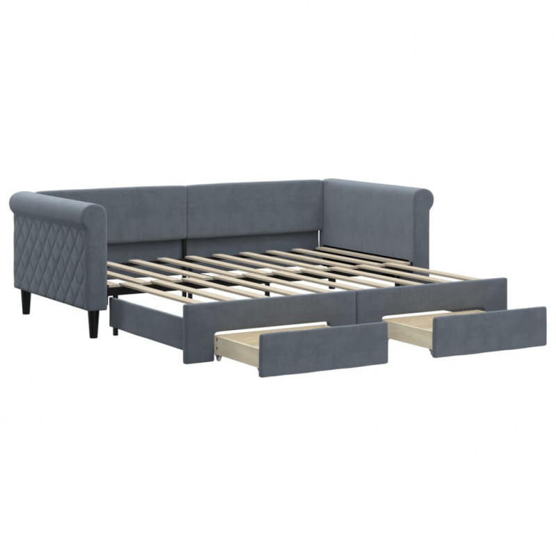 Sofa rozsuwana z szufladami, ciemnoszara, 90x190 cm, aksamit