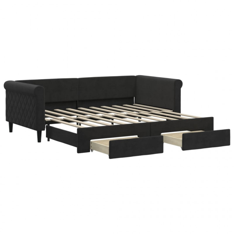 Sofa rozsuwana z szufladami, czarna, 90x190 cm, aksamit