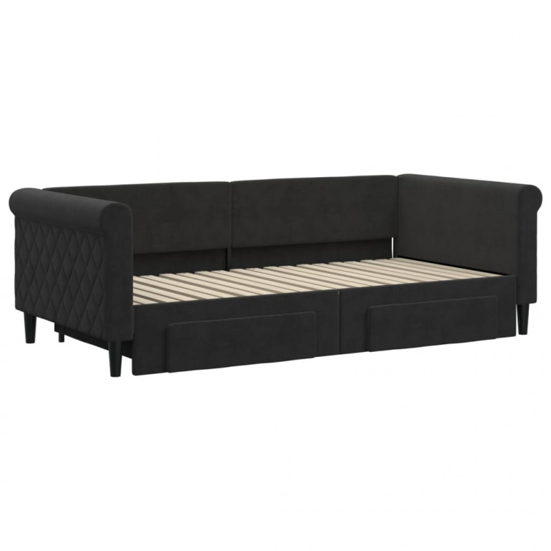 Sofa rozsuwana z szufladami, czarna, 90x190 cm, aksamit