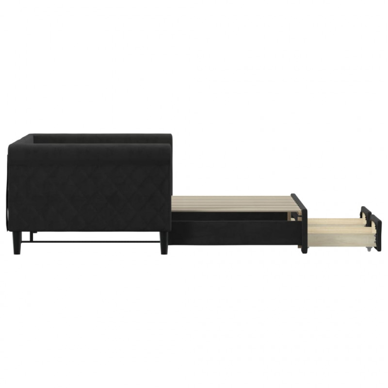 Sofa rozsuwana z szufladami, czarna, 90x190 cm, aksamit