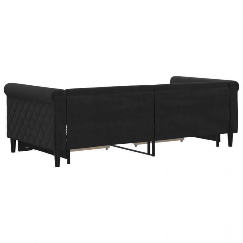 Sofa rozsuwana z szufladami, czarna, 90x190 cm, aksamit